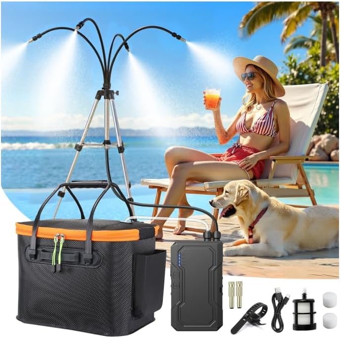 Ausic Portable Misting System with Standing, 6000mAh Water Cooling Misters Set for Outside Patio - 20L Bucket, 4.9FT(59IN) Adjustable Height for Outdoor, Beach, Pool, Water Playing, Sprinkler, Camping - Image 1